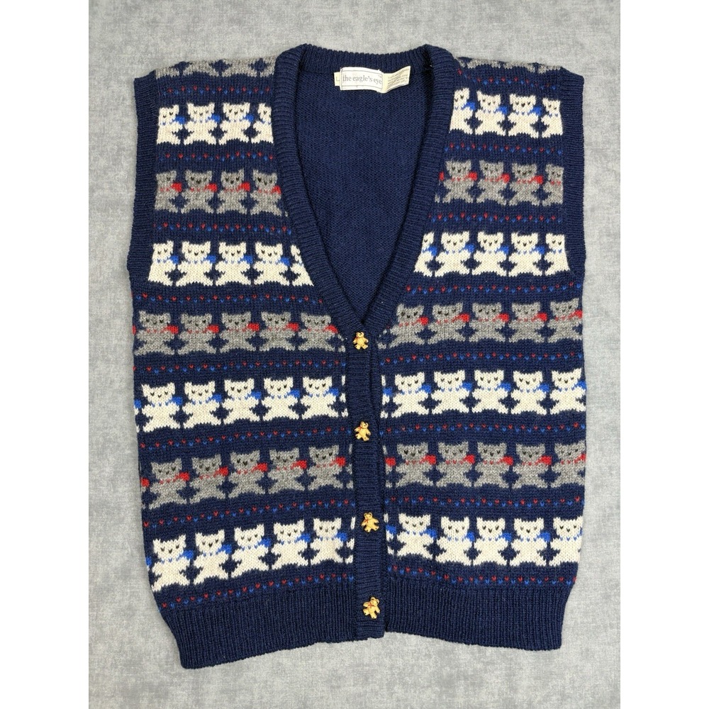 Vintage The Eagle's Eye Teddy Bear Sweater Vest L Shetland Wool Hong Kong 80s